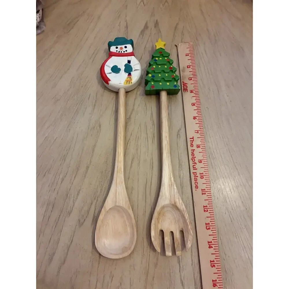 Christmas Serving Spoon Fork Hand Painted Wood Snowman Tree Salad Pasta Holiday
